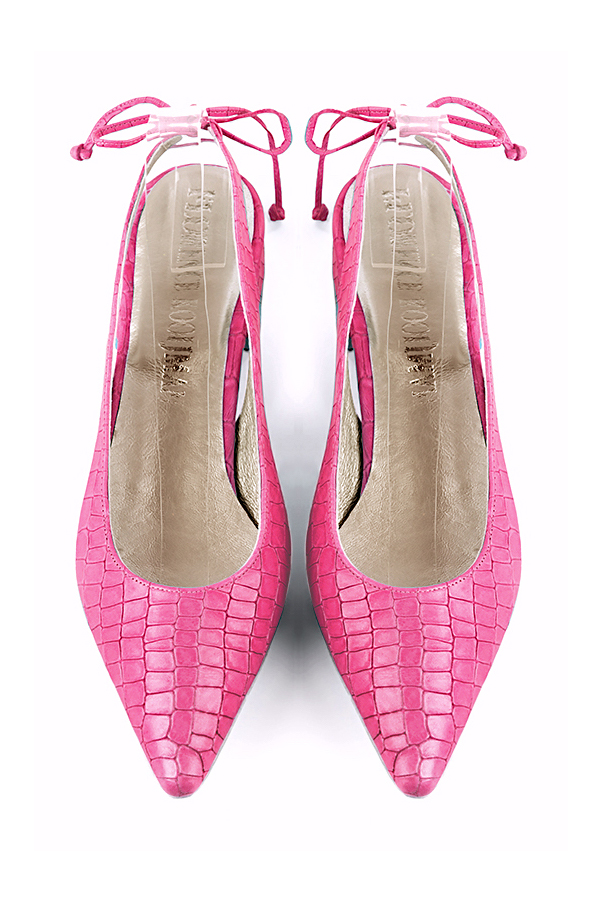 Women's fuschia pink slingback dress shoes. Pointed toe. Flat flare heels - Top view